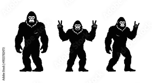 Three black silhouettes of a gorilla in different poses against a white background.