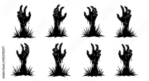 Eight black silhouette zombie hands emerging from the ground with grass.