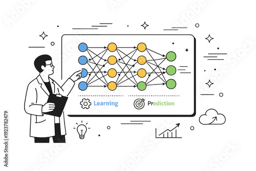 Training AI model. A researcher points at a screen displaying a neural network diagram with flowing data points, subtle abstract stars and motion lines