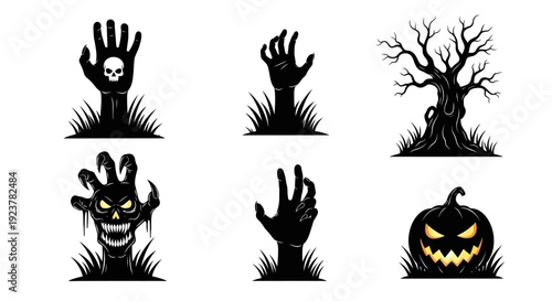 Collection of spooky Halloween-themed graphic elements including zombie hands, a creepy tree, and a jack-o'-lantern.