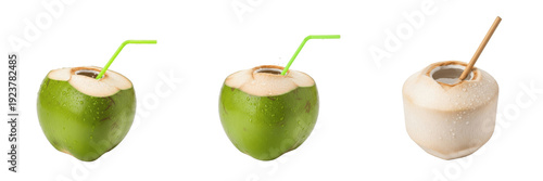 Set of Fresh Tropical Coconuts - Natural Coconut Water Drinks with Straws