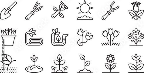 Collection of garden tools and plant growth icons symbolizing horticulture and a healthy environment