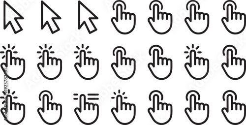 Collection of hand cursors and arrow pointers representing computer interaction and selection actions on a transparent background