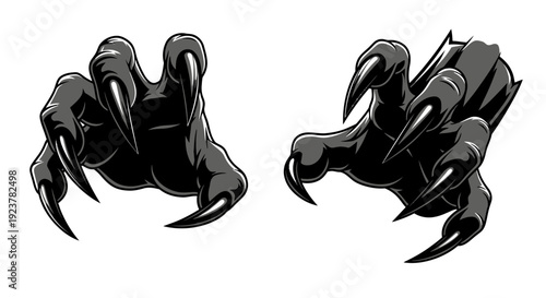 Two menacing black monster claws reaching out with sharp, pointed talons, isolated on a white background.