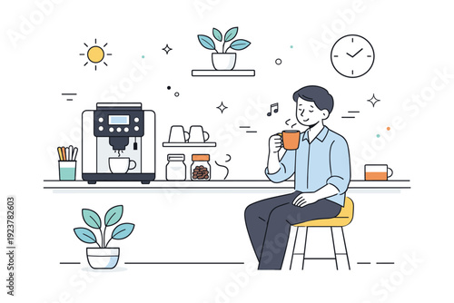 Modern office coffee corner. A minimalist scene with a coffee machine, cups, and a worker enjoying a short break. Clean, calm environment