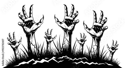 A horde of undead zombie hands clawing their way out of the cracked earth and grass.