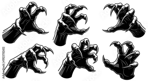 A collection of six detailed black and white illustrations of monstrous clawed hands reaching out.