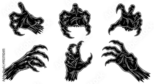 A collection of six detailed black and white illustrations of monstrous, clawed hands reaching out.