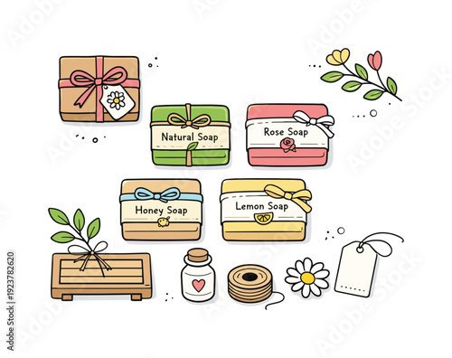 Handmade soap gift set. Simple soap blocks with labels and ribbon details displayed in a clean flat lay composition. Thoughtful craft,