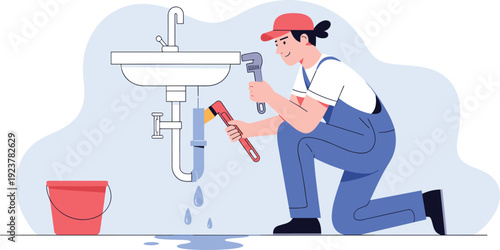 Plumber, repairing, leaking, sink, pipe, maintenance, plumbing, service, repair, tools, handyman, fix, water, problem, illustration