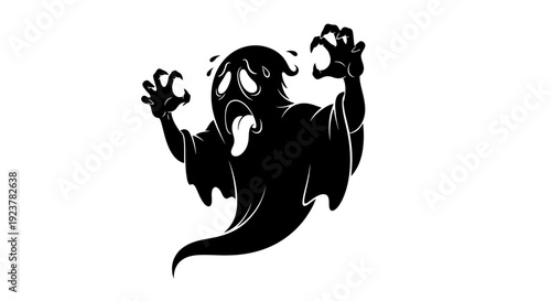 A spooky black ghost with wide eyes and an open mouth, reaching out with clawed hands.