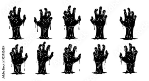 A collection of ten black silhouette zombie hands emerging from the ground, dripping with a dark, viscous substance.