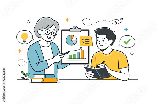 Workplace diversity ? mentoring and support. A senior colleague guiding a junior team member with simple charts and notes, showing cross-generational learning
