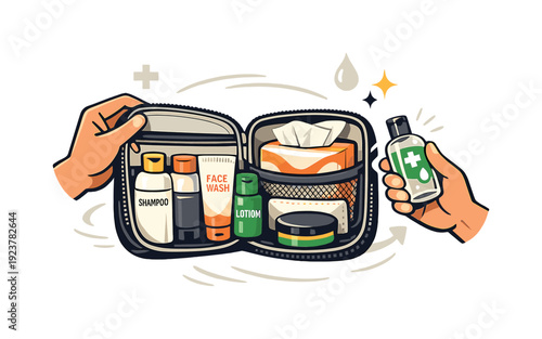 Prepared and cared for. Compact hygiene kit with travel-size products, tissues, and