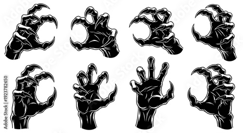 Collection of eight black monster claw hand illustrations in various poses, showcasing sharp talons and skeletal fingers.
