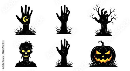 A collection of six black silhouette illustrations for Halloween, featuring spooky elements like zombie hands, a creepy tree, a zombie, and a jack-o'-lantern.