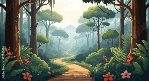 Enchanting forest path lined with tropical flowers leading toward a misty mountain peak under soft daylight