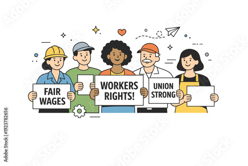 Workers rights solidarity. A calm editorial scene with workers holding simple signs or papers, expressing collective agreement and peaceful advocacy. The