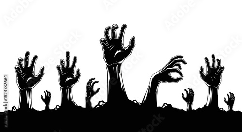 A horde of zombie hands emerging from the ground in a silhouette against a white background.
