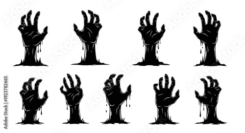 A collection of ten black silhouette zombie hands emerging from the ground, with dripping slime.