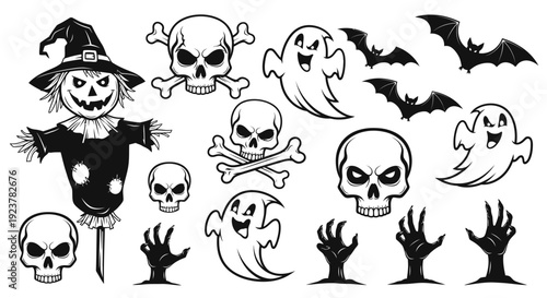 A collection of spooky Halloween-themed illustrations including a scarecrow, skulls, ghosts, bats, and zombie hands.