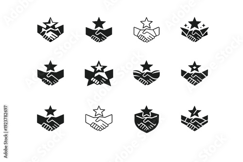 Employee recognition and reward programs. Icon set. Set Logo of Employee recognition and reward programs: handshake with star. harmonious logo variations of