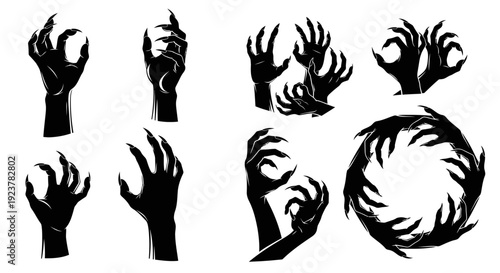 Collection of black silhouette illustrations of monstrous hands with sharp claws, depicting various menacing gestures and formations.