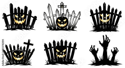 Collection of spooky Halloween-themed illustrations featuring carved pumpkins with glowing faces, tombstones, and a creepy fence, along with a pair of zombie hands emerging from the ground.
