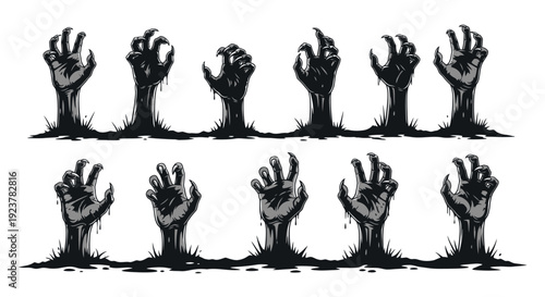 A collection of ten spooky zombie hands emerging from the dark ground, illustrated in a dark, gothic style.