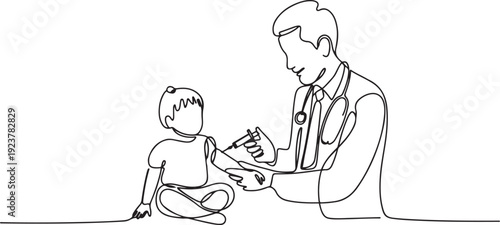 Single continuous line drawing of young male pediatric doctor giving injection to toddler girl patient at hospital. Medical health care treatment concept. one line Icon drawing