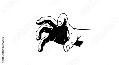 A black and white illustration of a hand reaching out with its fingers curled as if to grab something.