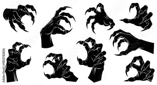 Collection of eight black silhouette illustrations of monstrous hands with sharp claws extended in various grasping poses.