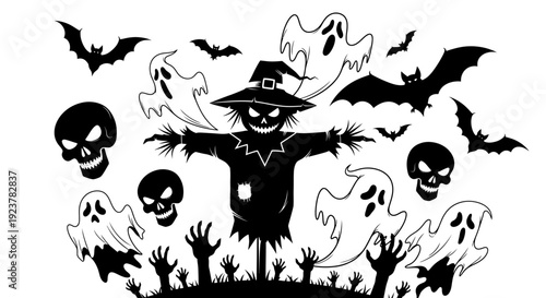 A spooky Halloween illustration featuring a scarecrow, ghosts, bats, skulls, and zombie hands rising from the ground.