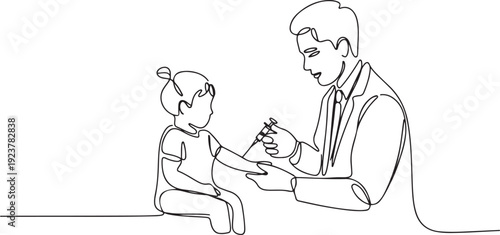 Single continuous line drawing of young male pediatric doctor giving injection to toddler girl patient at hospital. Medical health care treatment concept. one line Icon drawing