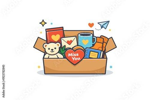 Sending thoughtful care packages to a loved one neatly packed box with small meaningful items like snacks, notes and cozy objects, expressing