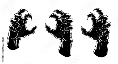 Three menacing black monster claws reaching out with sharp talons, rendered in a bold graphic style.