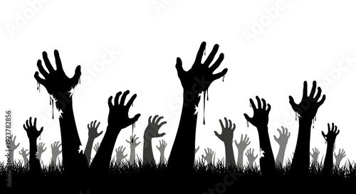 A horde of zombie hands emerges from the ground, reaching upwards in a dark and ominous scene.