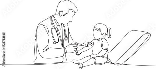 Single continuous line drawing of young male pediatric doctor giving injection to toddler girl patient at hospital. Medical health care treatment concept. one line Icon drawing