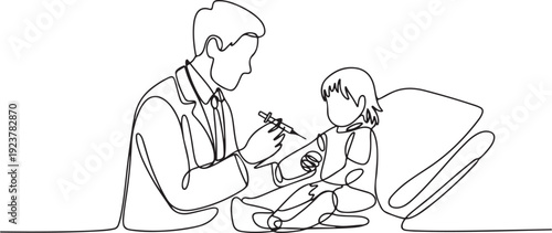 Single continuous line drawing of young male pediatric doctor giving injection to toddler girl patient at hospital. Medical health care treatment concept. one line Icon drawing