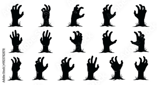 A collection of 15 black silhouette illustrations of zombie hands emerging from the ground.