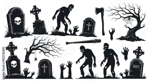 Silhouette collection of spooky Halloween elements including zombies, gravestones, creepy trees, and raised hands from the ground.