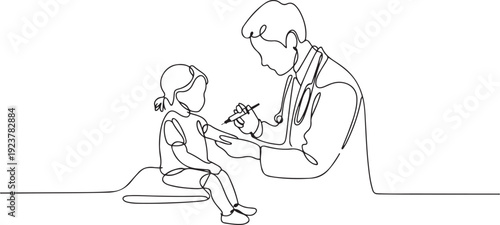Single continuous line drawing of young male pediatric doctor giving injection to toddler girl patient at hospital. Medical health care treatment concept. one line Icon drawing