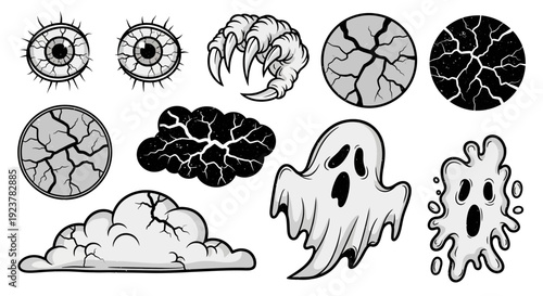 A collection of spooky and creepy graphic elements, including eyeballs, claws, cracked circles, clouds, and ghosts.