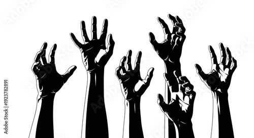 A group of silhouetted hands reaching upwards against a white background, conveying a sense of desperation or a plea for help.