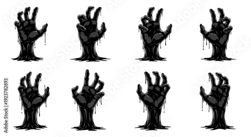 A collection of eight black, dripping, zombie-like hands emerging from a dark, viscous substance, presented in a grid formation.