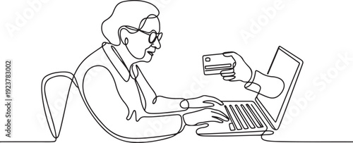 Continuous one line drawing grandma typing on laptop and thief taking credit card from behind screen. Hacking. Data. National Senior Fraud Awareness Day. one line Icon drawing