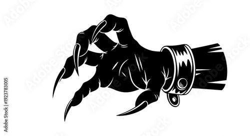 A black silhouette of a monstrous hand with sharp claws and a studded bracelet.