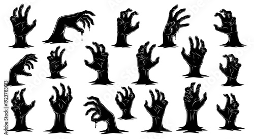 A collection of black zombie hands emerging from the ground, some dripping with a dark substance.
