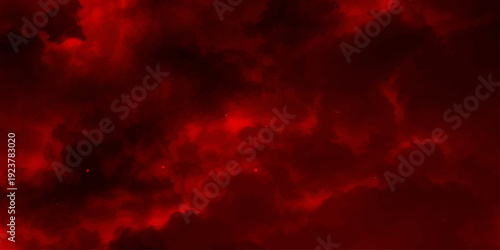 An abstract red fire and smoke background blends with a dramatic dark sunset sky where stormy clouds and black textures create a motion-filled atmosphere across the heavenly space