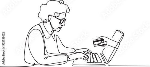 Continuous one line drawing grandma typing on laptop and thief taking credit card from behind screen. Hacking. Data. National Senior Fraud Awareness Day. one line Icon drawing
